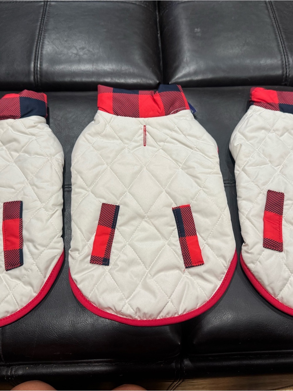 Quilted Cream Dog Puffer with Red Plaid Trim
